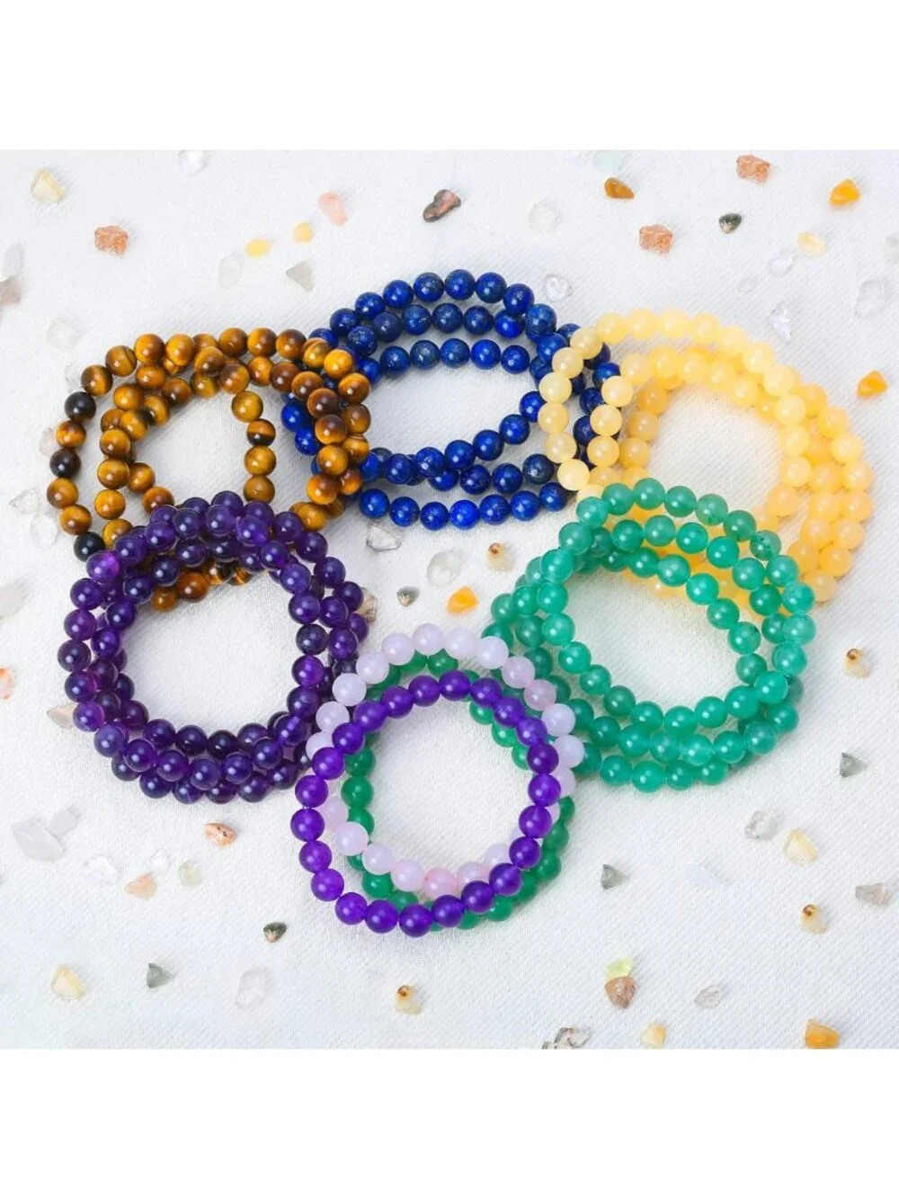 Unisex Stackable 3-Piece Gemstone Round Bead Stretch Bracelets - Adjustable